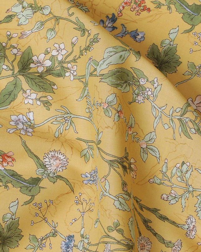 Elegant Yellow Floral Cotton Lawn Fabric with Green and Blue Blossoms, 110 cm Wide, Japanese Design-D19559 Regal Fabrics