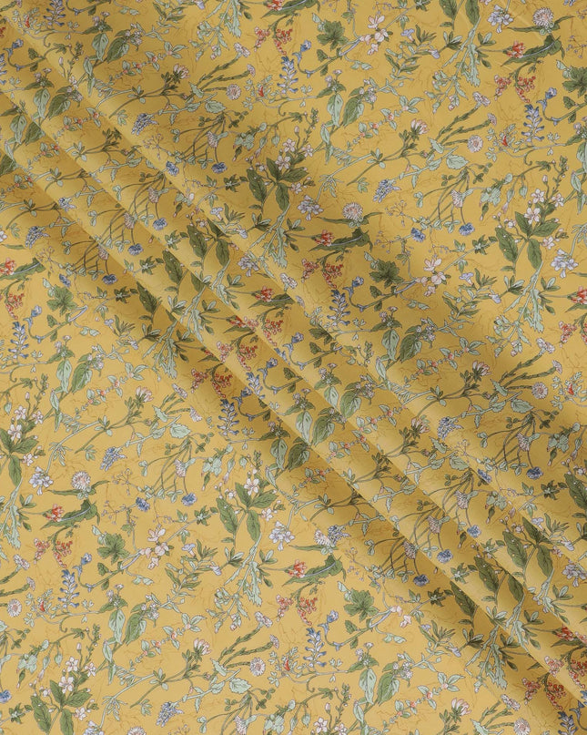 Elegant Yellow Floral Cotton Lawn Fabric with Green and Blue Blossoms, 110 cm Wide, Japanese Design-D19559 Regal Fabrics