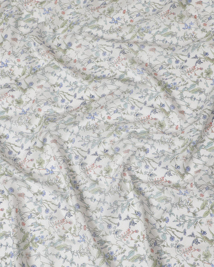 Elegant White Floral Cotton Lawn Fabric with Blue and Green Blossoms, 110 cm Wide, Japanese Design-D19560