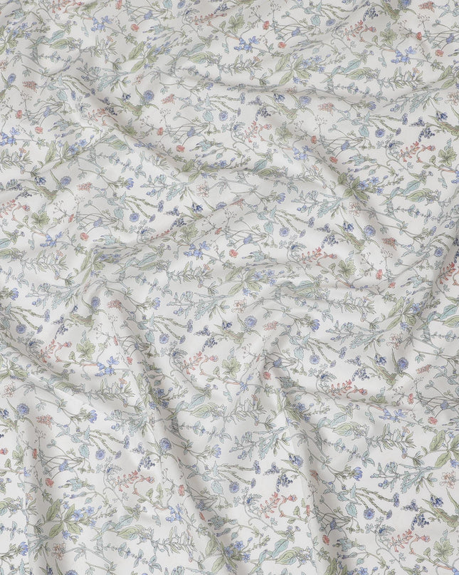 Elegant White Floral Cotton Lawn Fabric with Blue and Green Blossoms, 110 cm Wide, Japanese Design-D19560 Regal Fabrics