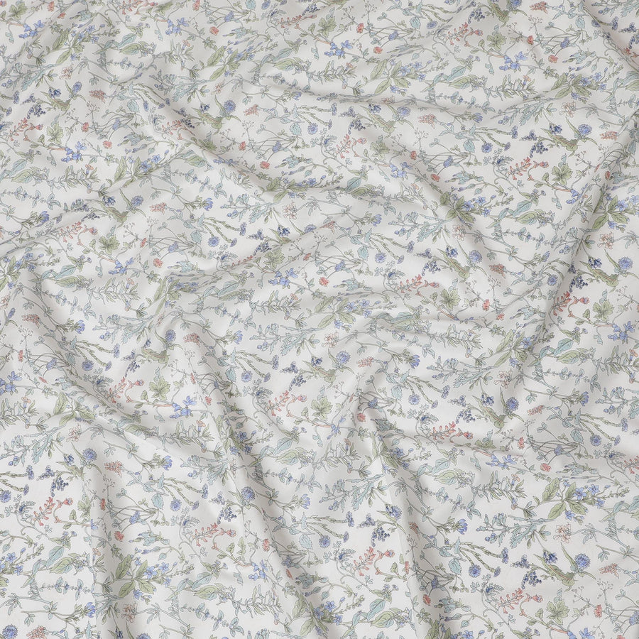 Elegant White Floral Cotton Lawn Fabric with Blue and Green Blossoms, 110 cm Wide, Japanese Design-D19560