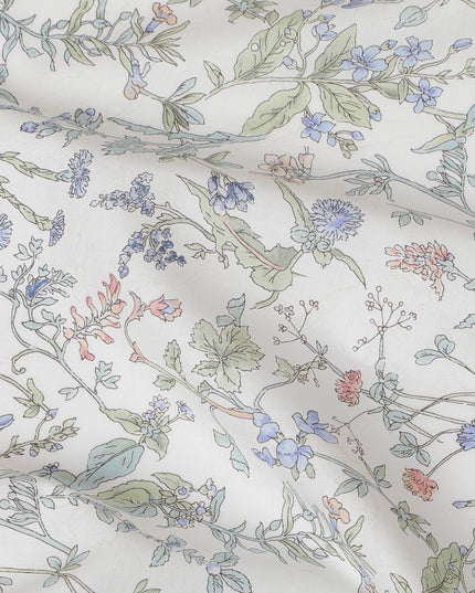 Elegant White Floral Cotton Lawn Fabric with Blue and Green Blossoms, 110 cm Wide, Japanese Design-D19560