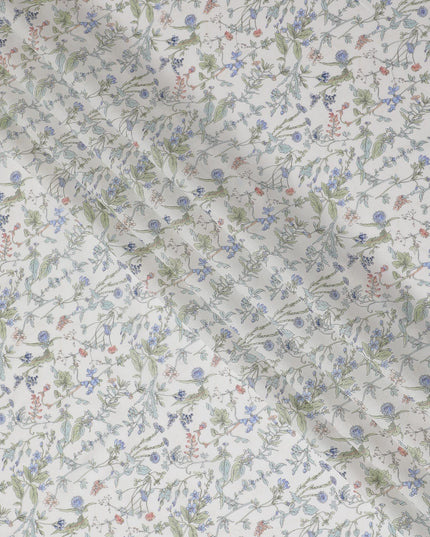 Elegant White Floral Cotton Lawn Fabric with Blue and Green Blossoms, 110 cm Wide, Japanese Design-D19560