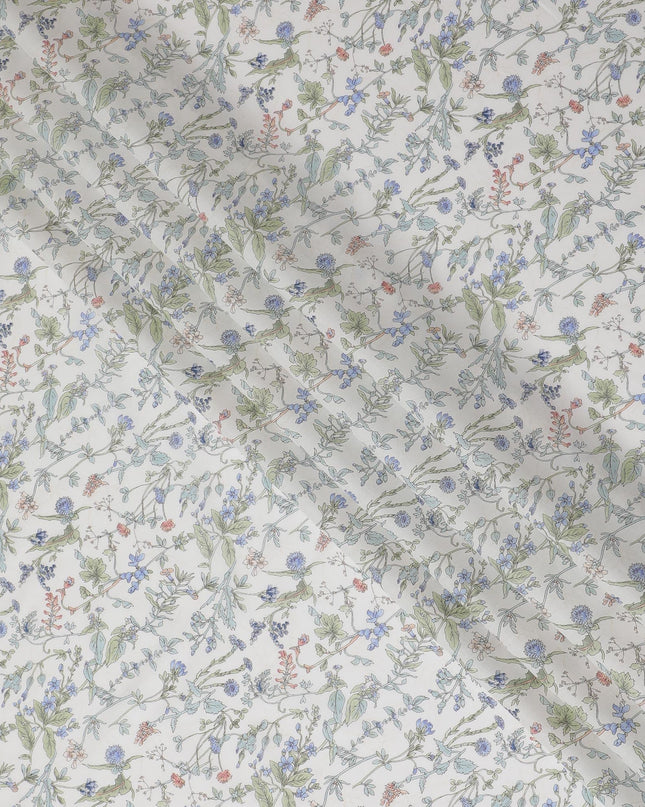 Elegant White Floral Cotton Lawn Fabric with Blue and Green Blossoms, 110 cm Wide, Japanese Design-D19560 Regal Fabrics