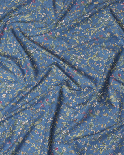 Elegant Blue Floral Cotton Lawn Fabric with Green and Pink Blossoms, 110 cm Wide, Japanese Design-D19561