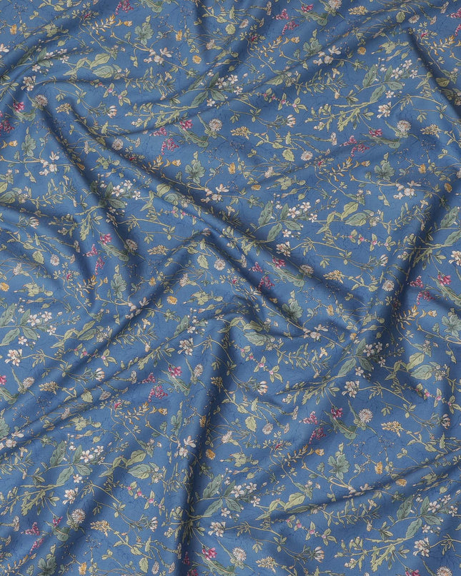 Elegant Blue Floral Cotton Lawn Fabric with Green and Pink Blossoms, 110 cm Wide, Japanese Design-D19561 Regal Fabrics