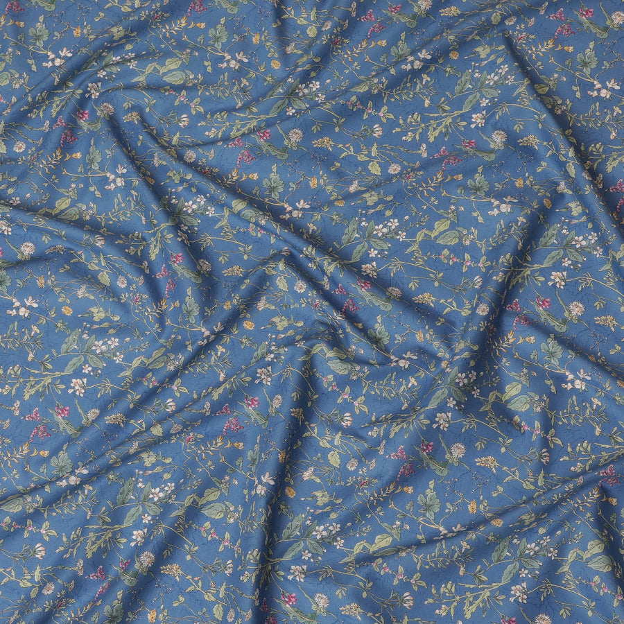 Elegant Blue Floral Cotton Lawn Fabric with Green and Pink Blossoms, 110 cm Wide, Japanese Design-D19561