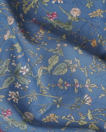 Elegant Blue Floral Cotton Lawn Fabric with Green and Pink Blossoms, 110 cm Wide, Japanese Design-D19561