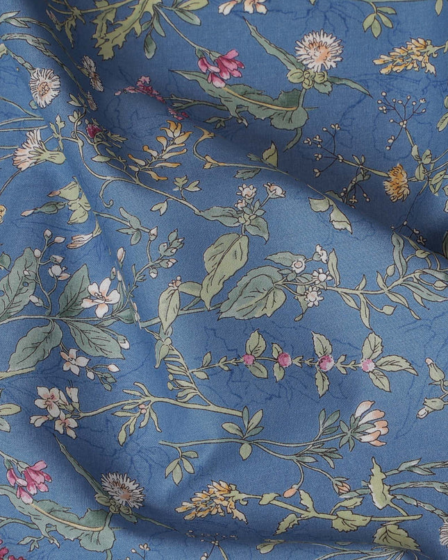 Elegant Blue Floral Cotton Lawn Fabric with Green and Pink Blossoms, 110 cm Wide, Japanese Design-D19561 Regal Fabrics