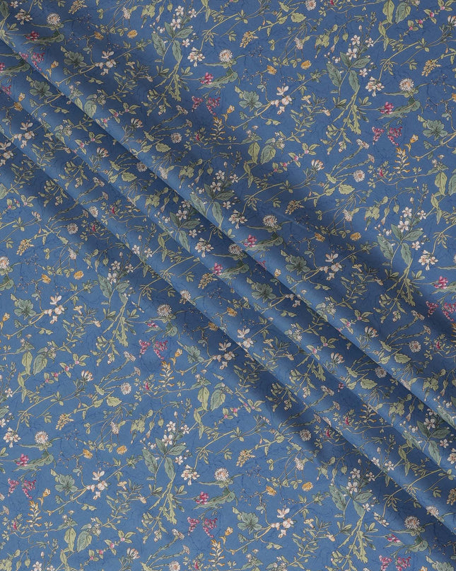 Elegant Blue Floral Cotton Lawn Fabric with Green and Pink Blossoms, 110 cm Wide, Japanese Design-D19561 Regal Fabrics