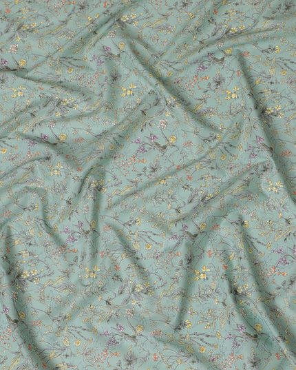 Elegant Mint Green Floral Cotton Lawn Fabric with Yellow and Purple Blossoms, 110 cm Wide, Japanese Design-D19562