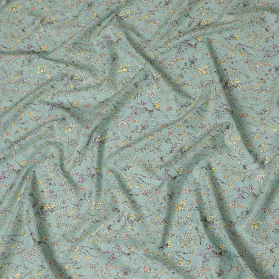 Elegant Mint Green Floral Cotton Lawn Fabric with Yellow and Purple Blossoms, 110 cm Wide, Japanese Design-D19562 Regal Fabrics