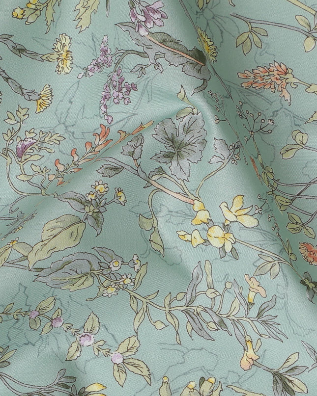 Elegant Mint Green Floral Cotton Lawn Fabric with Yellow and Purple Blossoms, 110 cm Wide, Japanese Design-D19562