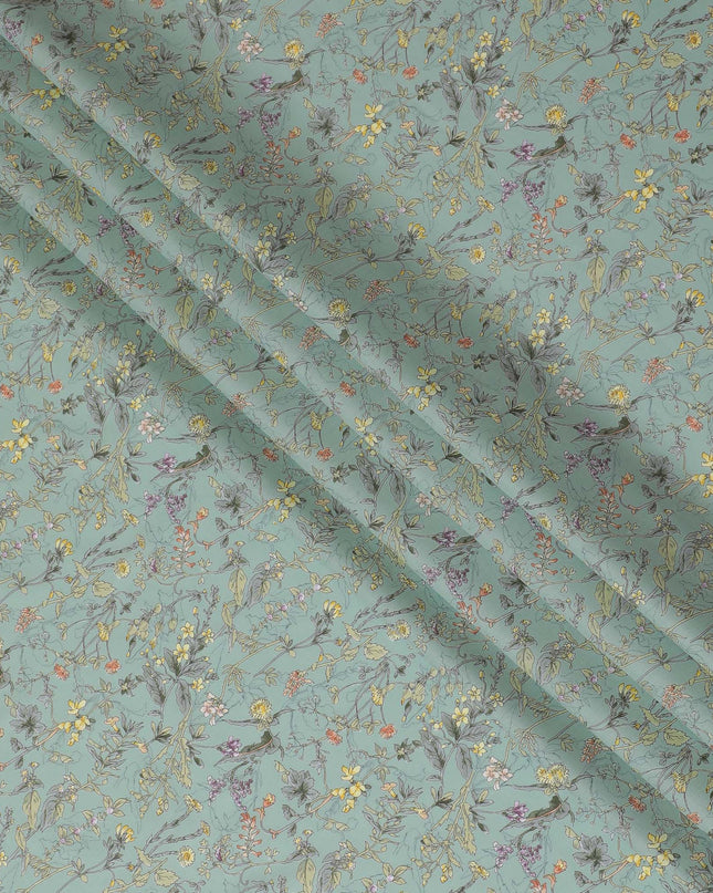 Elegant Mint Green Floral Cotton Lawn Fabric with Yellow and Purple Blossoms, 110 cm Wide, Japanese Design-D19562