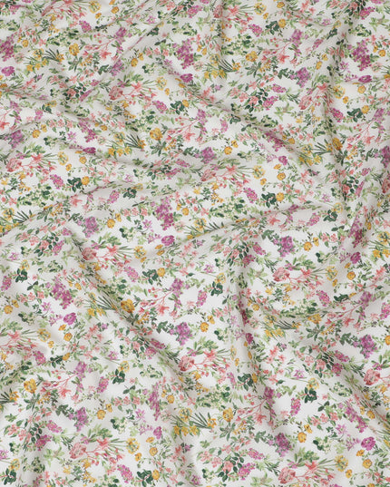 Vibrant White Floral Cotton Lawn Fabric with Pink and Yellow Blossoms, 110 cm Wide, Japanese Design-D19563