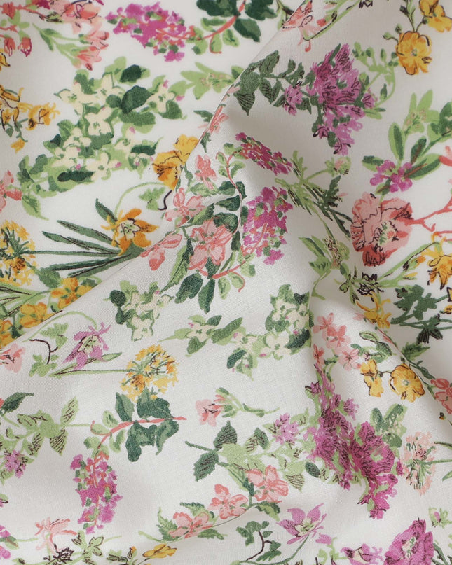 Vibrant White Floral Cotton Lawn Fabric with Pink and Yellow Blossoms, 110 cm Wide, Japanese Design-D19563