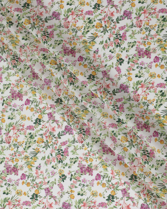 Vibrant White Floral Cotton Lawn Fabric with Pink and Yellow Blossoms, 110 cm Wide, Japanese Design-D19563