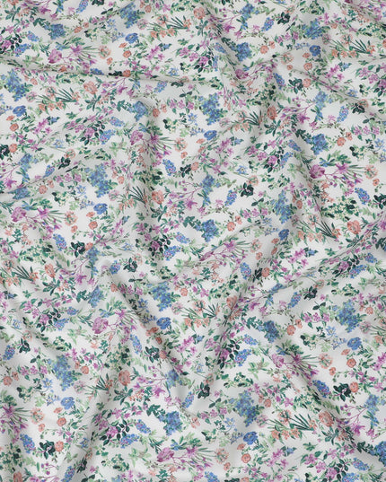 Vibrant White Floral Cotton Lawn Fabric with Blue and Pink Blossoms, 110 cm Wide, Japanese Design-D19564