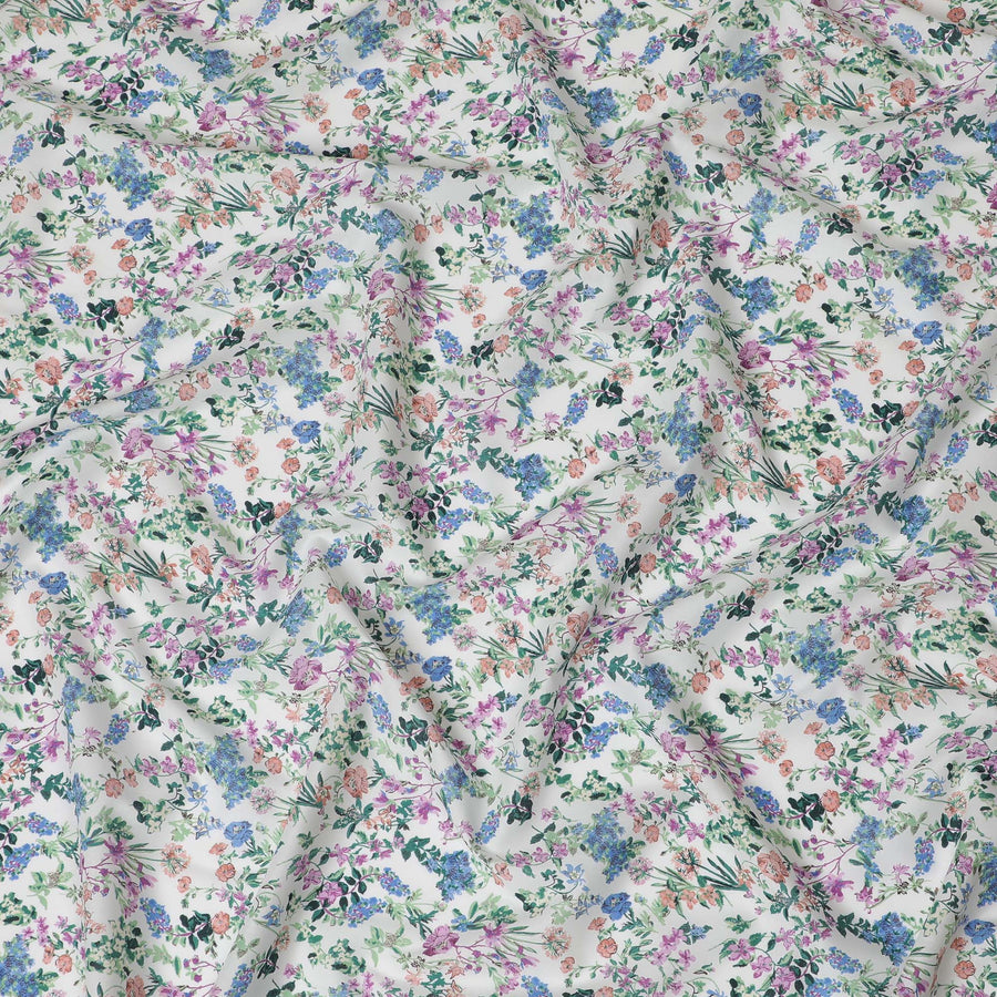 Vibrant White Floral Cotton Lawn Fabric with Blue and Pink Blossoms, 110 cm Wide, Japanese Design-D19564