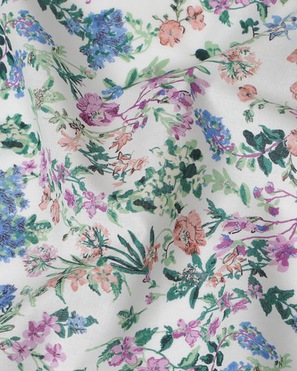 Vibrant White Floral Cotton Lawn Fabric with Blue and Pink Blossoms, 110 cm Wide, Japanese Design-D19564