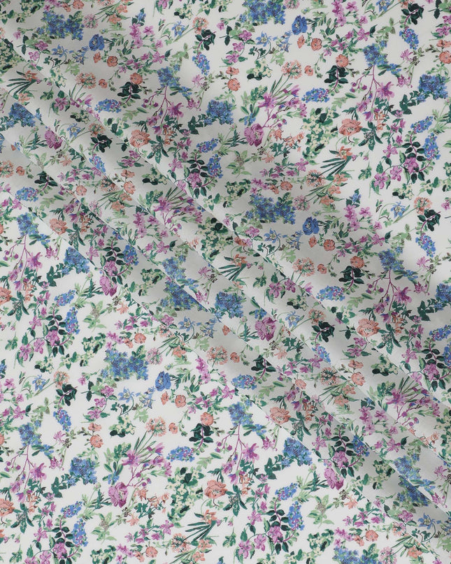 Vibrant White Floral Cotton Lawn Fabric with Blue and Pink Blossoms, 110 cm Wide, Japanese Design-D19564