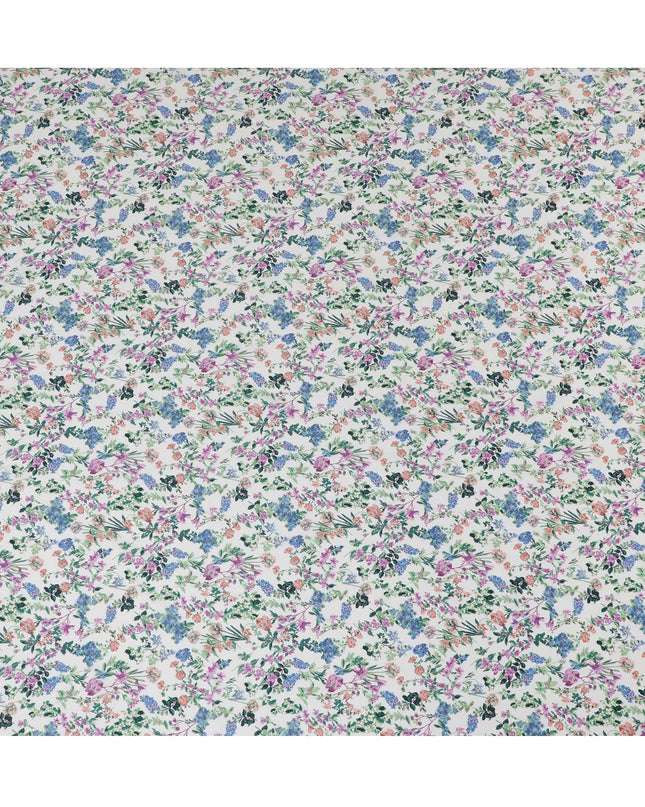 Vibrant White Floral Cotton Lawn Fabric with Blue and Pink Blossoms, 110 cm Wide, Japanese Design-D19564