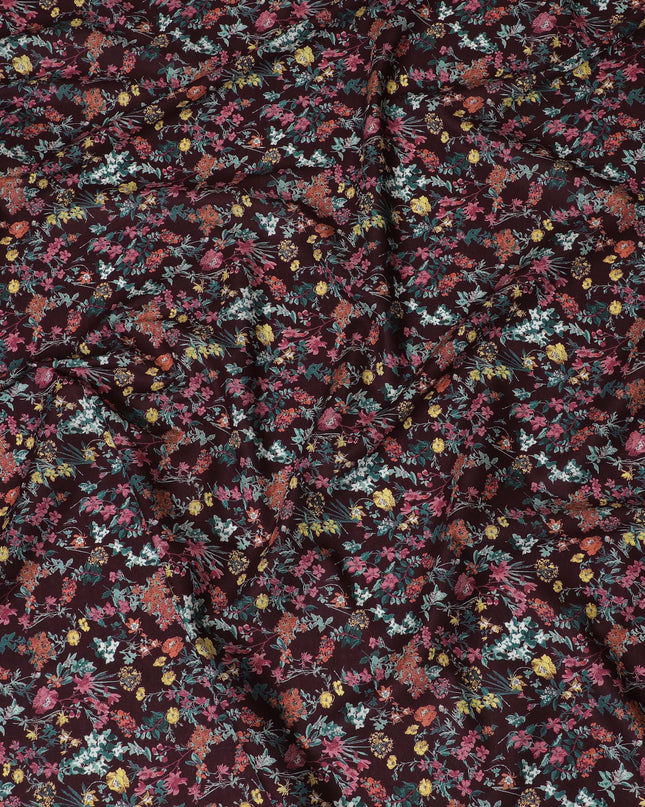 Elegant Maroon Floral Cotton Lawn Fabric with Pink and Yellow Blossoms, 110 cm Wide, Japanese Design-D19565 Regal Fabrics