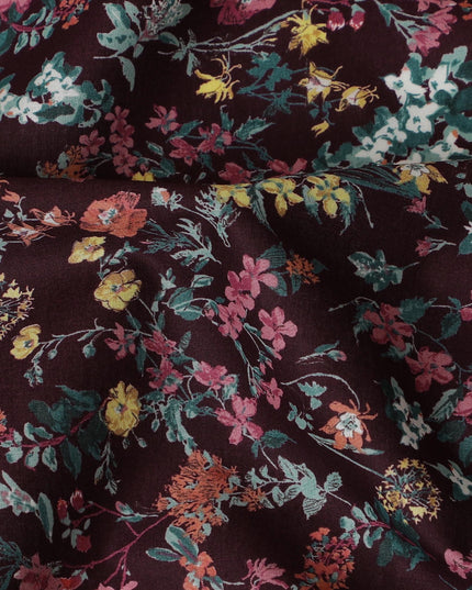 Elegant Maroon Floral Cotton Lawn Fabric with Pink and Yellow Blossoms, 110 cm Wide, Japanese Design-D19565