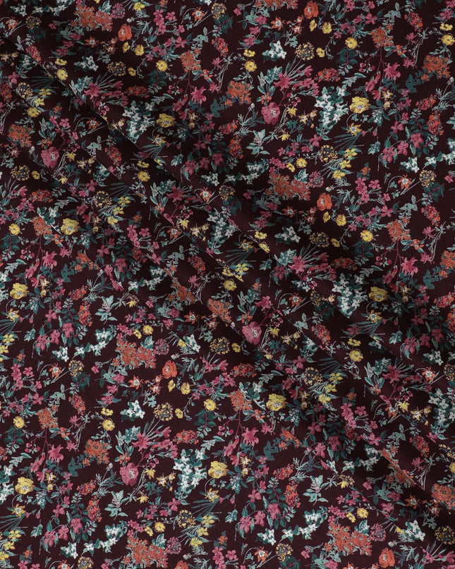 Elegant Maroon Floral Cotton Lawn Fabric with Pink and Yellow Blossoms, 110 cm Wide, Japanese Design-D19565 Regal Fabrics