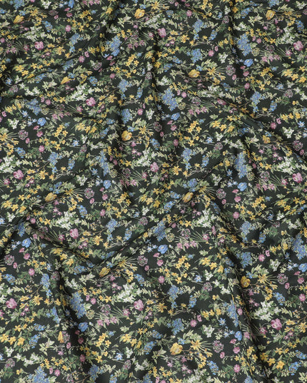 Elegant Green Floral Cotton Lawn Fabric with Yellow and Blue Blossoms, 110 cm Wide, Japanese Design-D19566