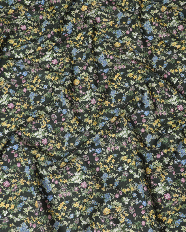 Elegant Green Floral Cotton Lawn Fabric with Yellow and Blue Blossoms, 110 cm Wide, Japanese Design-D19566 Regal Fabrics