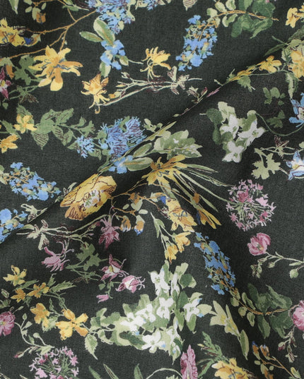 Elegant Green Floral Cotton Lawn Fabric with Yellow and Blue Blossoms, 110 cm Wide, Japanese Design-D19566