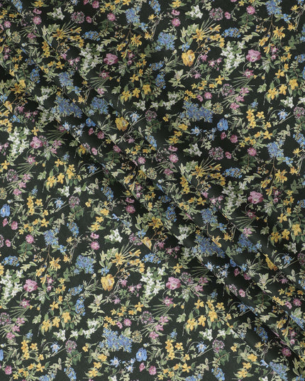 Elegant Green Floral Cotton Lawn Fabric with Yellow and Blue Blossoms, 110 cm Wide, Japanese Design-D19566