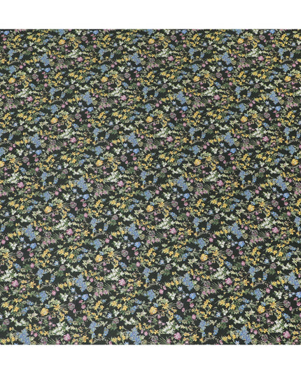 Elegant Green Floral Cotton Lawn Fabric with Yellow and Blue Blossoms, 110 cm Wide, Japanese Design-D19566