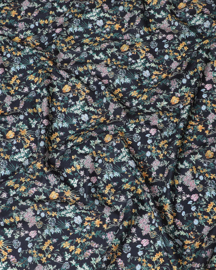 Elegant Blue Floral Cotton Lawn Fabric with Yellow and White Blossoms, 110 cm Wide, Japanese Design-D19567
