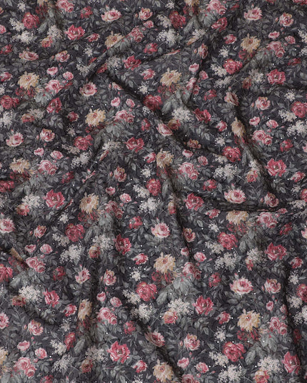 Elegant Dark Floral blended Cotton Lawn Fabric with Intricate Embroidery - 110 cm Wide - D19584