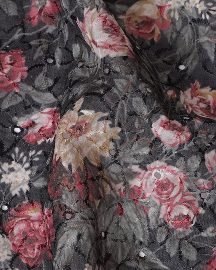 Elegant Dark Floral blended Cotton Lawn Fabric with Intricate Embroidery - 110 cm Wide - D19584