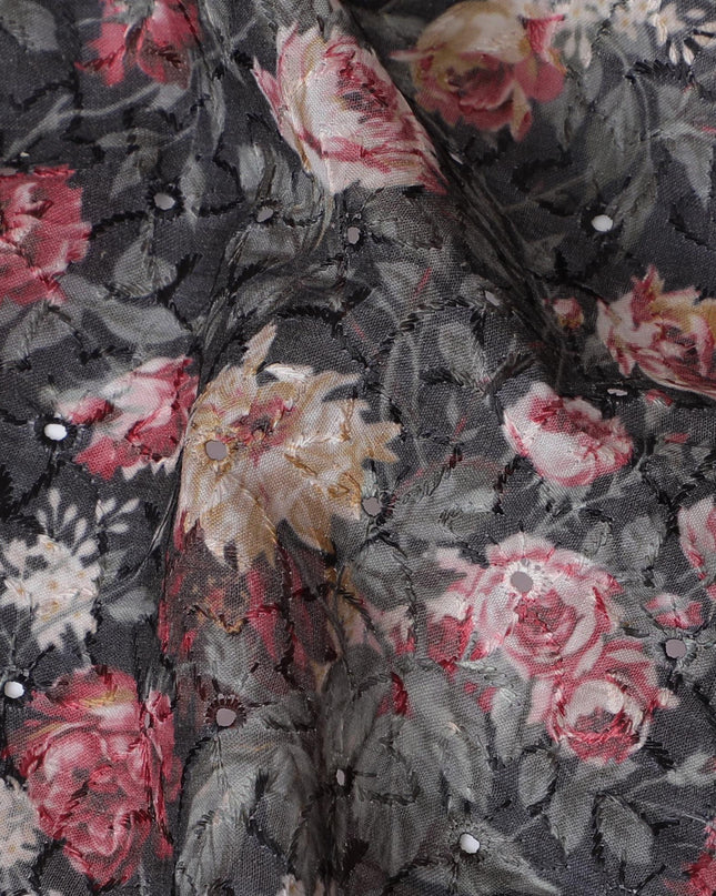 Elegant Dark Floral blended Cotton Lawn Fabric with Intricate Embroidery - 110 cm Wide - D19584