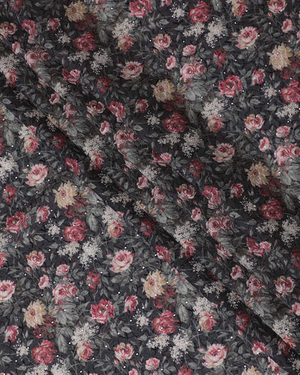 Elegant Dark Floral blended Cotton Lawn Fabric with Intricate Embroidery - 110 cm Wide - D19584