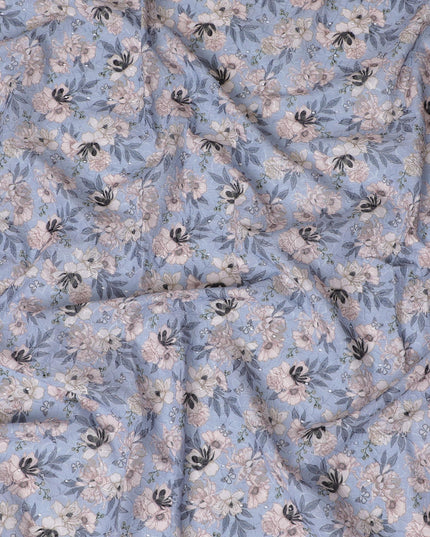 Delicate Pastel Blue Floral blended Cotton Lawn Fabric with Embroidery - 110 cm Wide - D19585