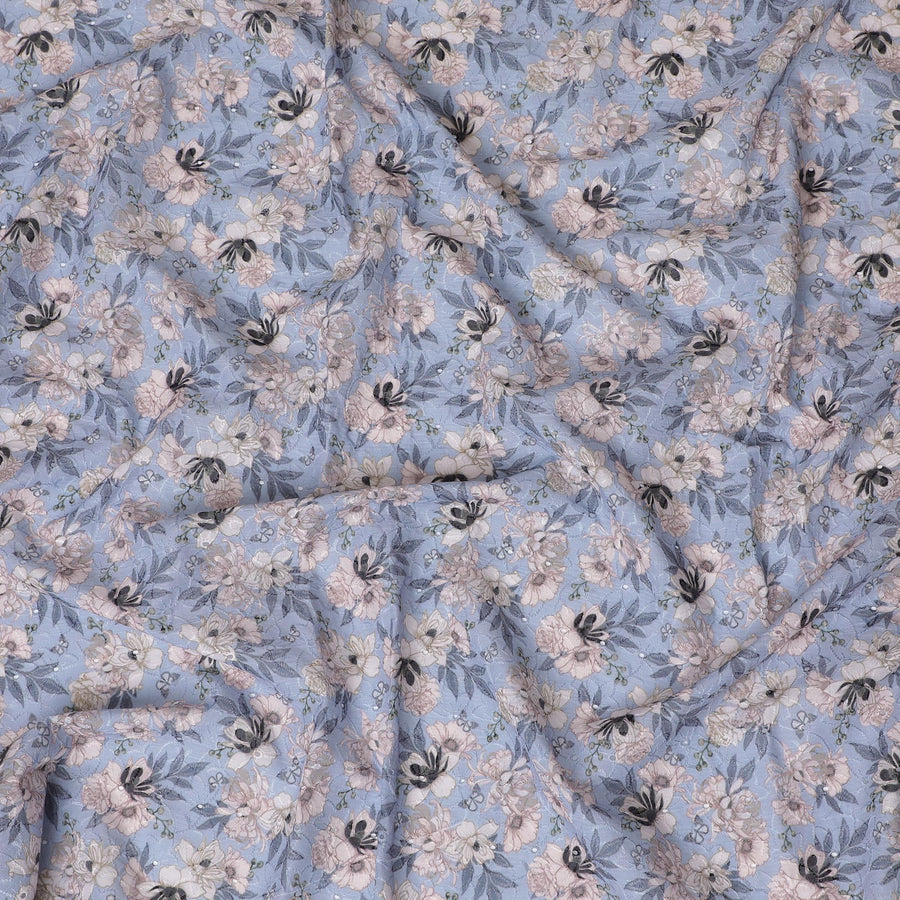 قماش قطني رقيق من القطن الممزوج بالزهور باللون الأزرق الباستيل مع تطريز - عرض 110 سم - D19585