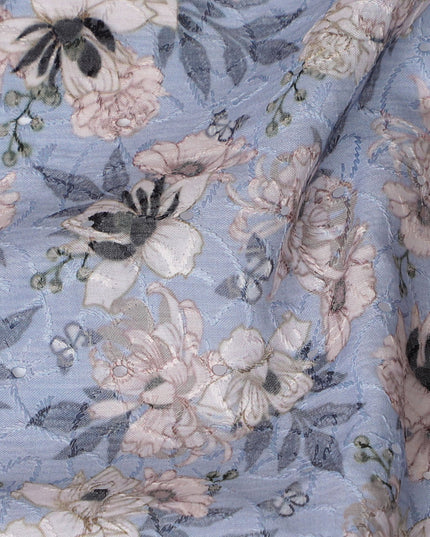 Delicate Pastel Blue Floral blended Cotton Lawn Fabric with Embroidery - 110 cm Wide - D19585