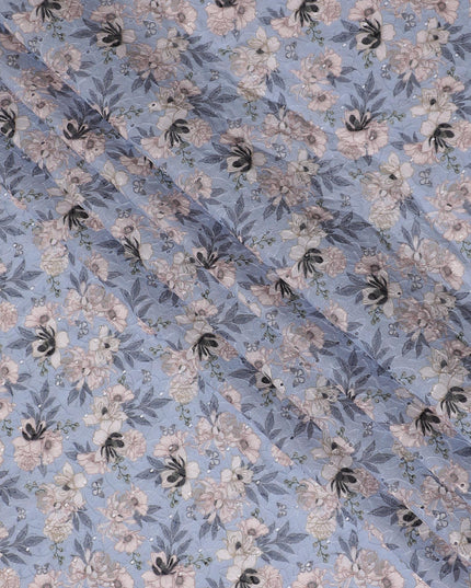 Delicate Pastel Blue Floral blended Cotton Lawn Fabric with Embroidery - 110 cm Wide - D19585