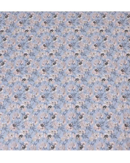 Delicate Pastel Blue Floral blended Cotton Lawn Fabric with Embroidery - 110 cm Wide - D19585