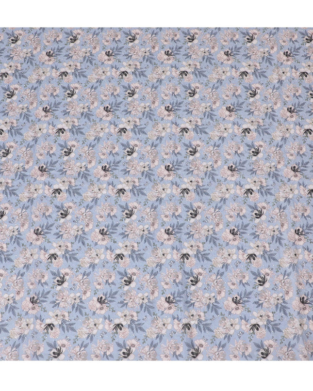 Delicate Pastel Blue Floral blended Cotton Lawn Fabric with Embroidery - 110 cm Wide - D19585