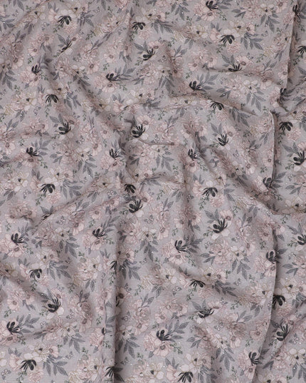 Soft Grey Floral blended Cotton Lawn Fabric with Embroidery - 110 cm Wide - D19586