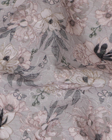 Soft Grey Floral blended Cotton Lawn Fabric with Embroidery - 110 cm Wide - D19586