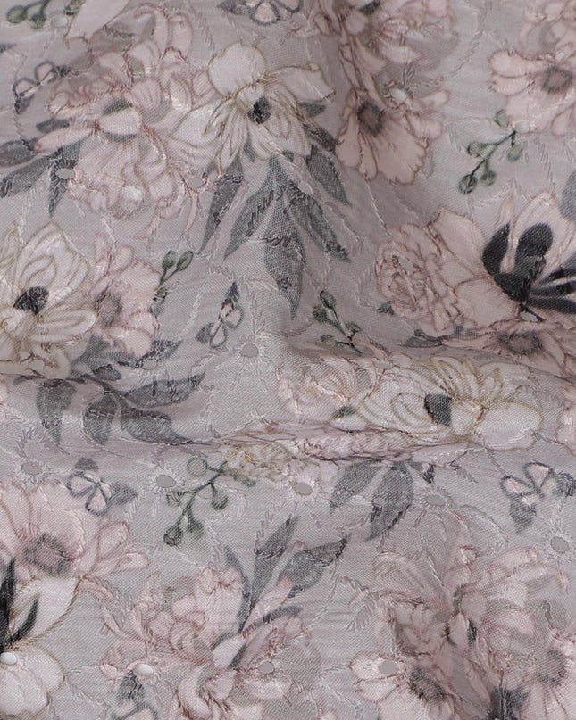 Soft Grey Floral blended Cotton Lawn Fabric with Embroidery - 110 cm Wide - D19586