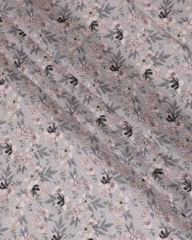 Soft Grey Floral blended Cotton Lawn Fabric with Embroidery - 110 cm Wide - D19586