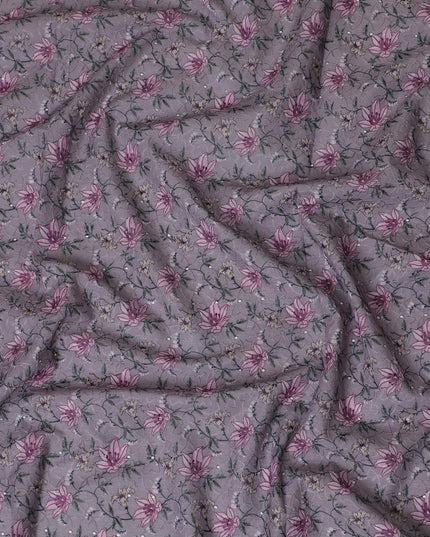 Elegant Purple Floral blended Cotton Lawn Fabric with Embroidery - 110 cm Wide - D19587